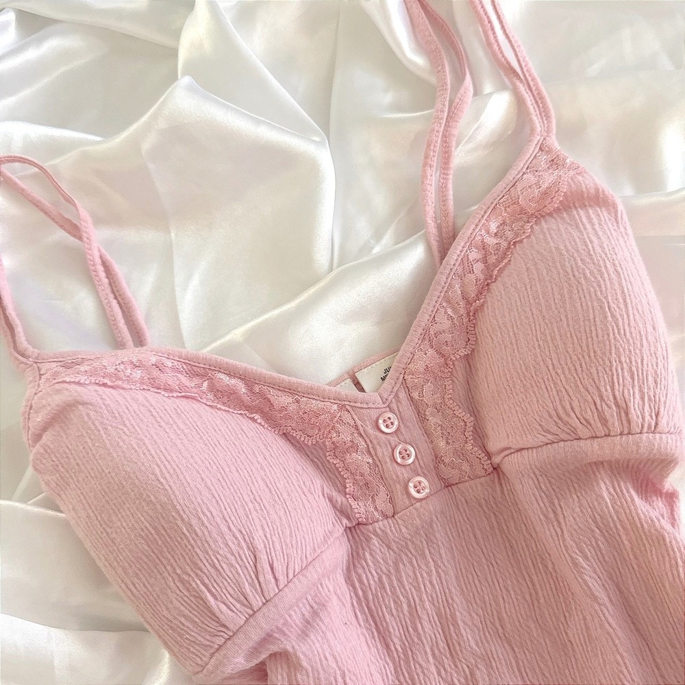 No Boundaries Pink Lace Trim Textured Camisole Top Juniors Medium 7/9